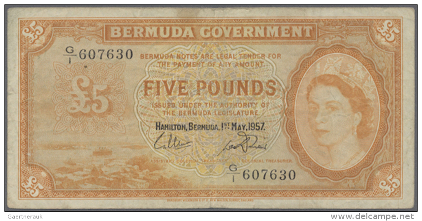 Bermuda: 5 Pounds 1957 P. 21, Used With Folds And Creases, Stained Paper But No Holes Or Tears, Still Strong Paper... - Bermuda