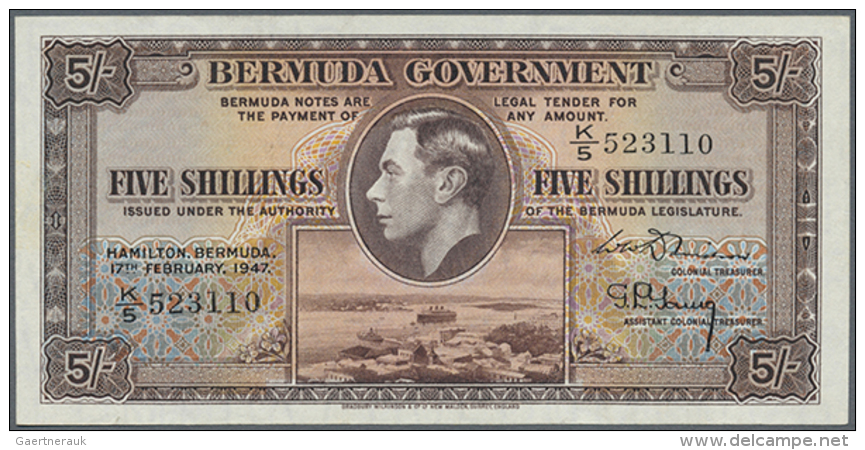 Bermuda: 5 Shillings 1947 P. 14, In Crisp Original Condition But Only A Light Trace Of Stain At Lower Left Corner... - Bermudas