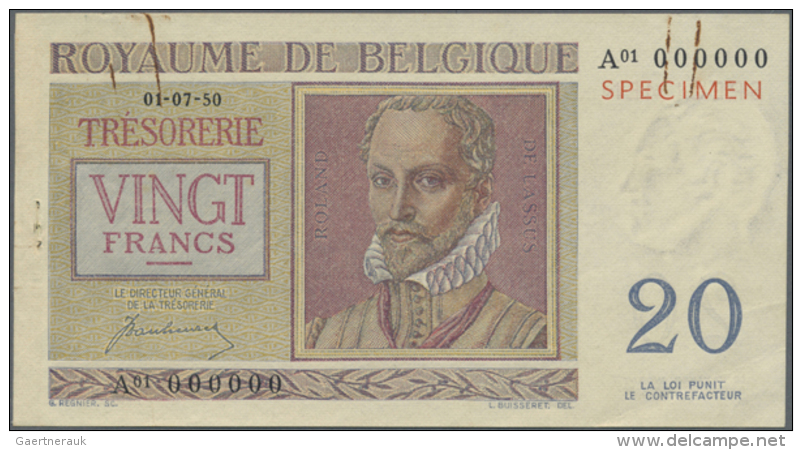 Belgium: 20 Francs 1950 Specimen P. 132as, A Rarely Seen Specimen Note With Red Overprint At Upper Right, Zero... - Other & Unclassified