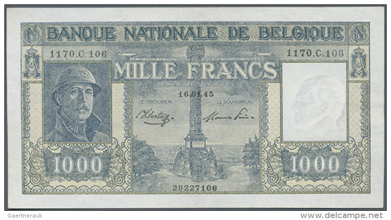 Belgium: 1000 Francs 1945 P. 128b, Nice Condition But Pressed Dry, No Holes Or Tears, No Visible Folds, Still Crisp... - Andere & Zonder Classificatie