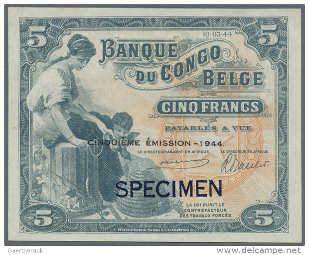 Belgian Congo: 5 Francs 1944 SPECIMEN W/o Serial Number, P.13Acs, Tiny Dint At Upper Right Corner, Otherwise... - Zonder Classificatie