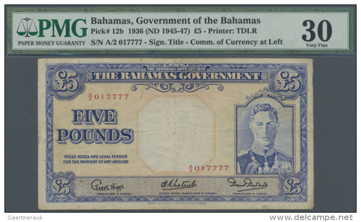 Bahamas: 5 Pounds ND(1945-47) P. 12b, Nice Serial Number #017777, PMG Graded 30 Very Fine. (R) - Bahama's