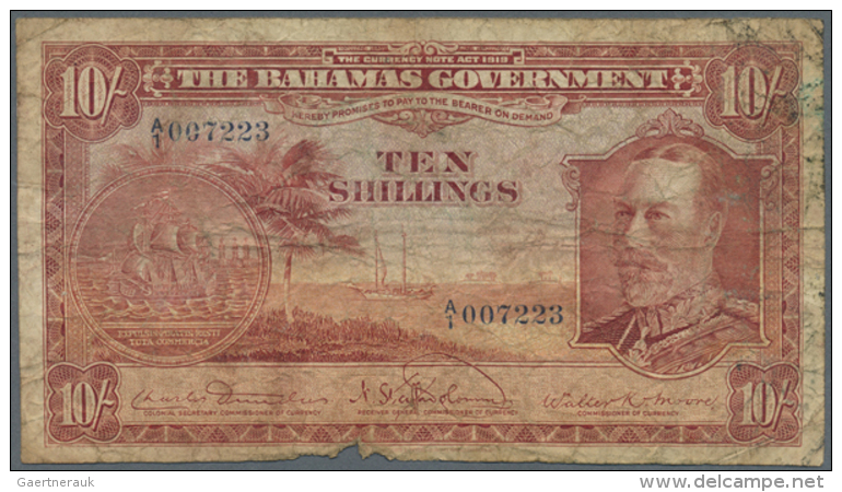 Bahamas: 10 Shillings ND(1930) P. 6, Stronger Used With A Small Missing Part At Lower Border, Lots Of Stain And... - Bahamas