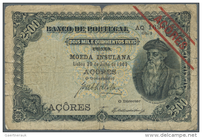 Azores: 2500 Reis 1909 P. 8b, Stronger Used With Strong Folds And A Center Tear, Stronger Border Wear And Stains In... - Portugal