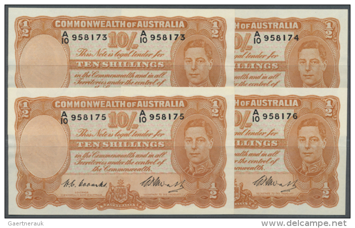 Australia: Rare Set Of 4 CONSECUTIVE Banknotes 10 Shillings 1949 Portrait KGV, Signed Coombs-Watt Plus Coombs As... - Andere & Zonder Classificatie