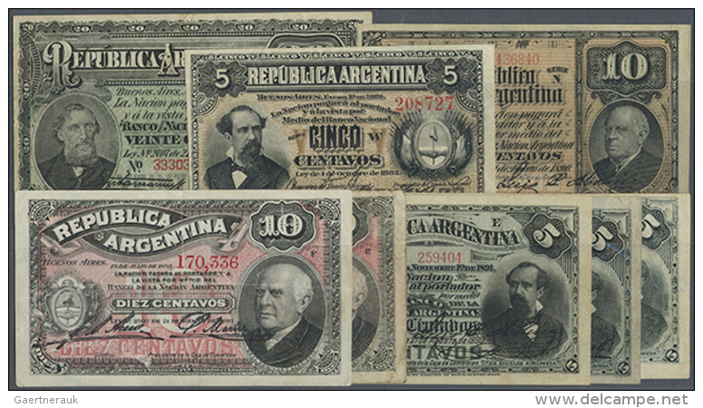 Argentina: Set Of 8 Early Dated Banknotes Containing 5 Centavos 1883 P. 5 (XF), 3x 5 Pesos 1891 P. 209 (1x XF, 1x... - Argentinië