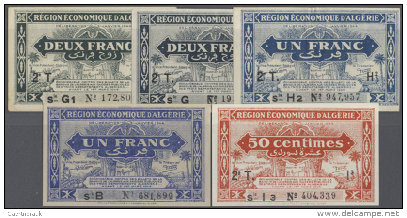 Algeria: Set Of 5 Notes Containing 1 Franc L.1944 P. 98a (UNC), 50 Centimes L.1944 P. 100 (UNC), 1 Franc L.1944 P.... - Algeria