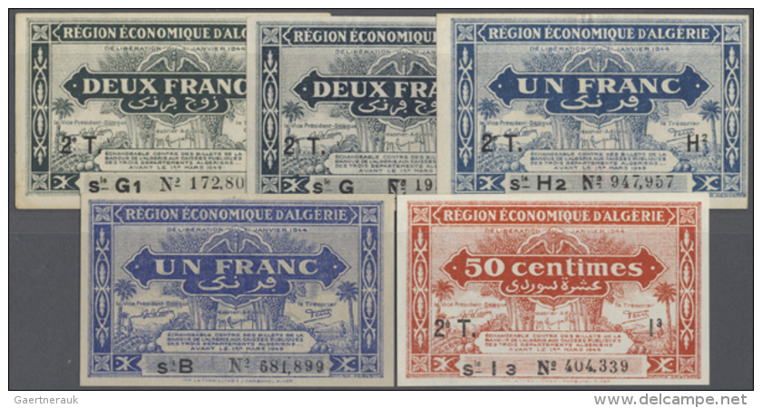 Algeria: Set Of 5 Notes Containing 1 Franc L.1944 P. 98a (UNC), 50 Centimes L.1944 P. 100 (UNC), 1 Franc L.1944 P.... - Algerije