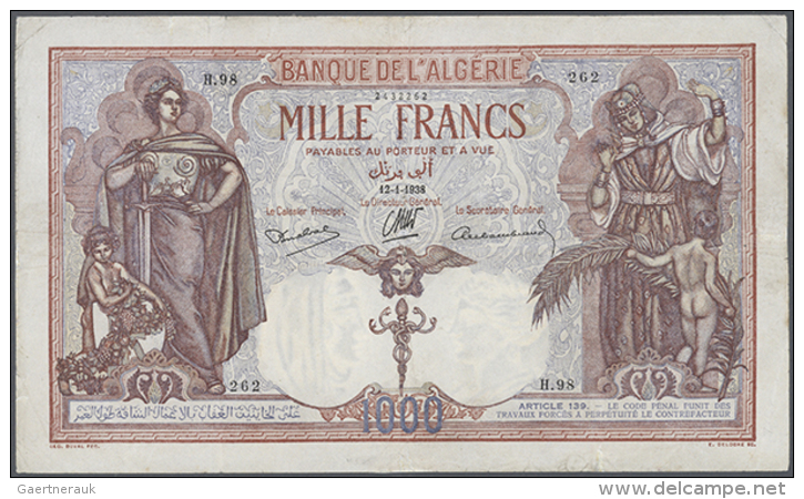 Algeria: 1000 Francs 1938, P.83, Very Nice Condition For The Large Size Of The Note, Repaired Tears Along The... - Algérie