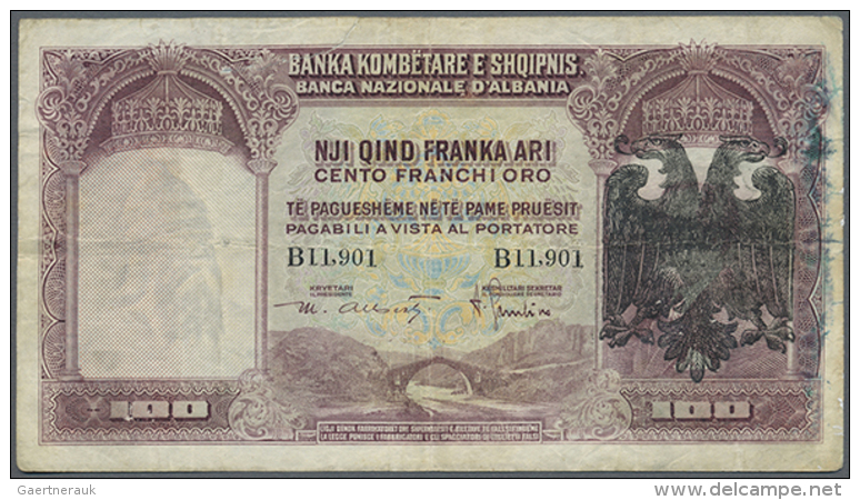 Albania: 100 Franka Ari ND(1939), P.5, Highly Rare Note In Well Worn Condition With Repaired And Taped Part At... - Albanië