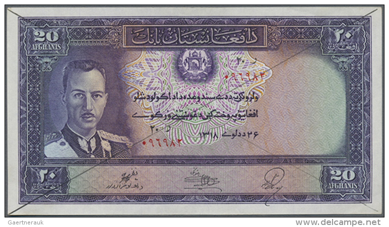 Afghanistan: 20 Afghanis ND(1939) P. 24a, Rare Banknote, Issued With Serial Number, With Bank Cancellation Lines On... - Afghanistan