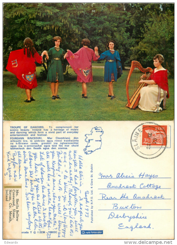 Harpist, Troupe Of Dancers, Ireland Postcard Posted 1973 Stamp - Altri & Non Classificati