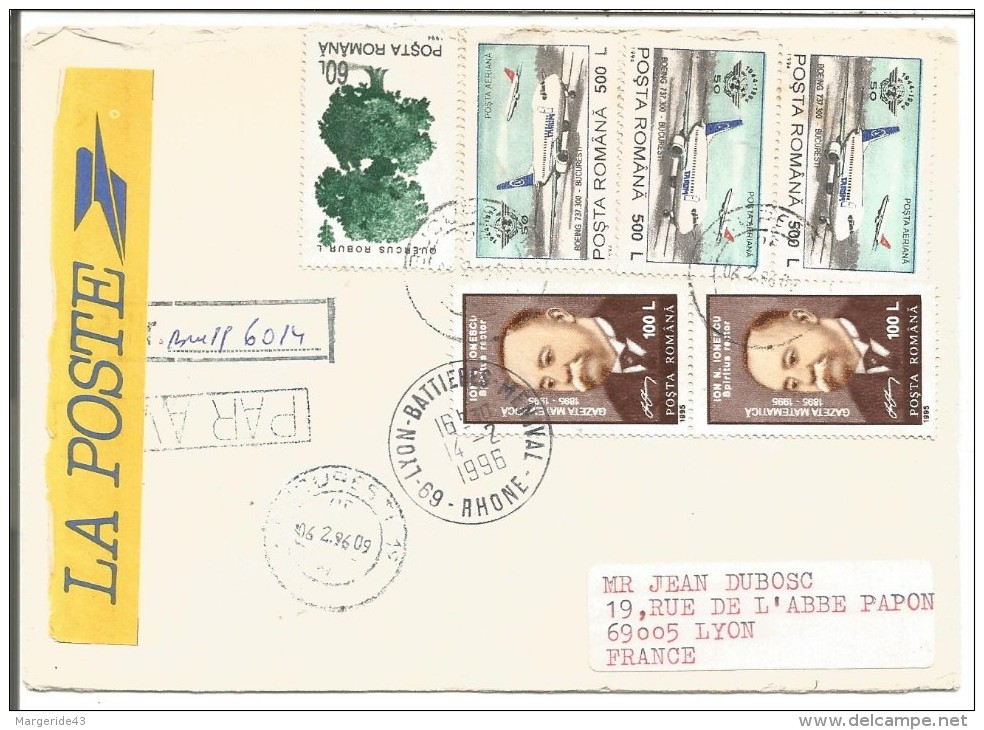 ROUMANIE LETTRE AVION RECOMMANDEE POUR LYON BATTIERES MENIVAL 1996 - Postmark Collection