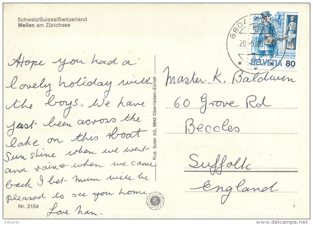 Meilen, ZH Zurich, Switzerland Postcard Posted 1988 Stamp - Zürich