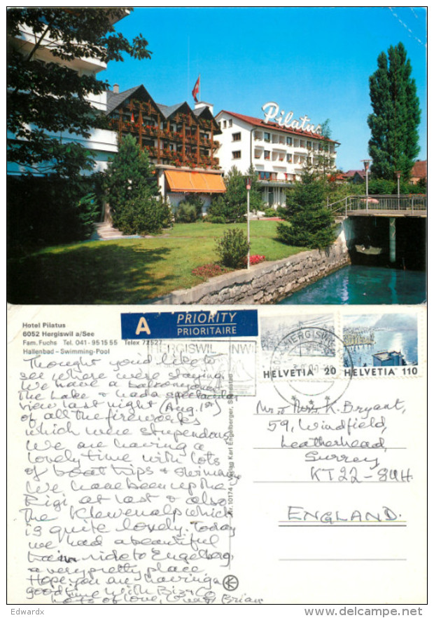 Hotel Pliatus, Hergiswil Am See, NW Nidwalden, Switzerland Postcard Posted 2000 Stamp - Hergiswil