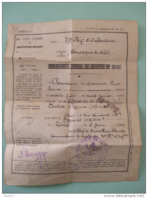 @ Feuillet Permission De 48 Heures Pour Un Soldat Du 79éme Régiment D'Infanterie,TOUL 3/06/1921  @ - Documentos