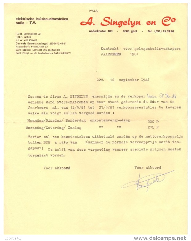 Factuur Facture - Contract Jaarbeurs - A. Singelyn & C° - Gent 1981 - Électricité & Gaz