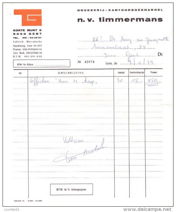 Factuur Facture - Drukkerij Timmermans  - Gent 1979 - Druck & Papierwaren