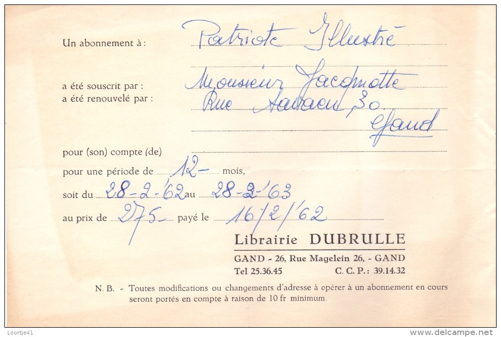 Factuur Facture - Rekening Nota - Librairie Dubrulle  - Gand Gent 1962 - Drukkerij & Papieren
