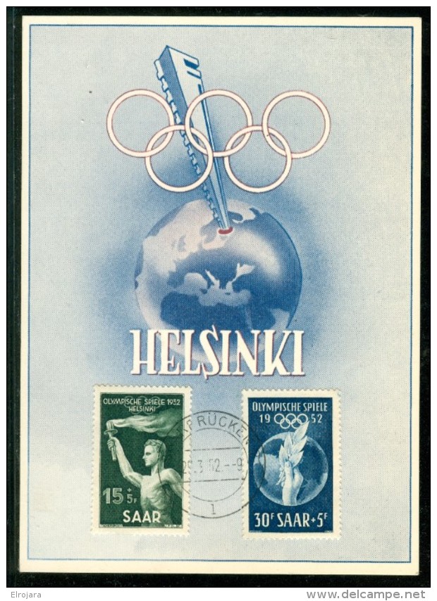 SAAR Set On Olympic Postcard With First Day Cancel - Sommer 1952: Helsinki