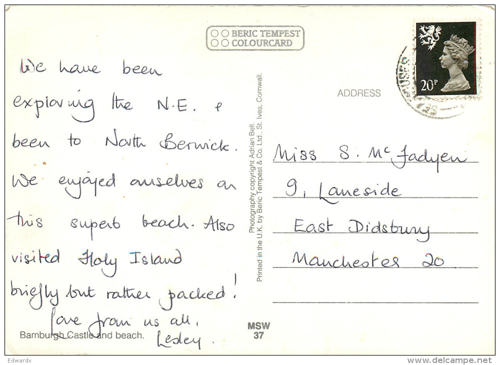 Castle, Bamburgh, Northumberland, England Postcard Posted 1990 Stamp - Autres & Non Classés