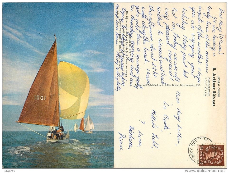 Uffa Fox, Fresh Breeze 20 Ton Yacht, Boats Postcard Posted 1958 Stamp - Zeilboten