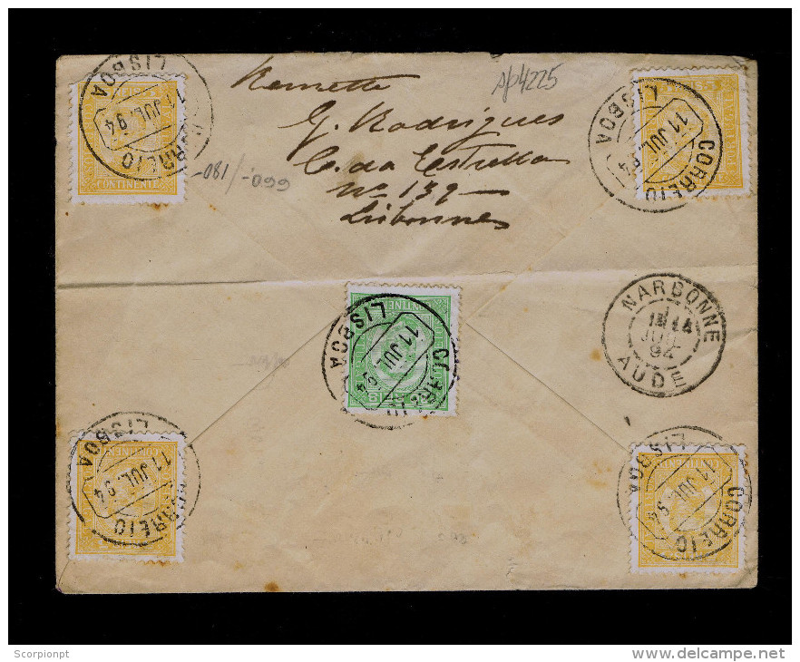 Sp4225 PORTUGAL (Administração CTT) 1894 D.Charles 5v. Cover Mailed NARBONNE France - Autres & Non Classés