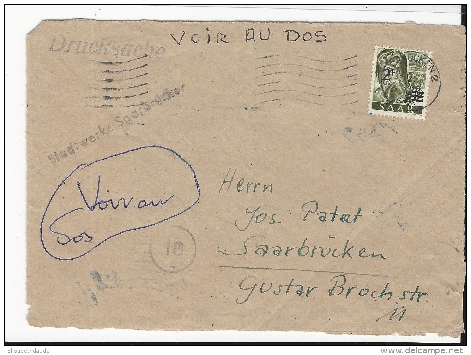 SAAR - 1948 - ENVELOPPE REUTILISEE RECTO VERSO (VOIR DOS - SIEHE RÜCKSEITE) De SAARBRÜCKEN Pour HUNINGUE (HAUT-RHIN) - Cartas & Documentos