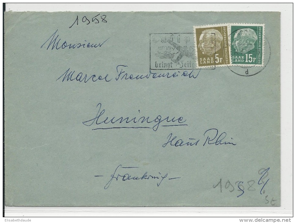 SAAR - 1958 - ENVELOPPE De SAARBRÜCKEN Avec MECA LUFTPOST Pour HUNINGUE (HAUT-RHIN) - Storia Postale