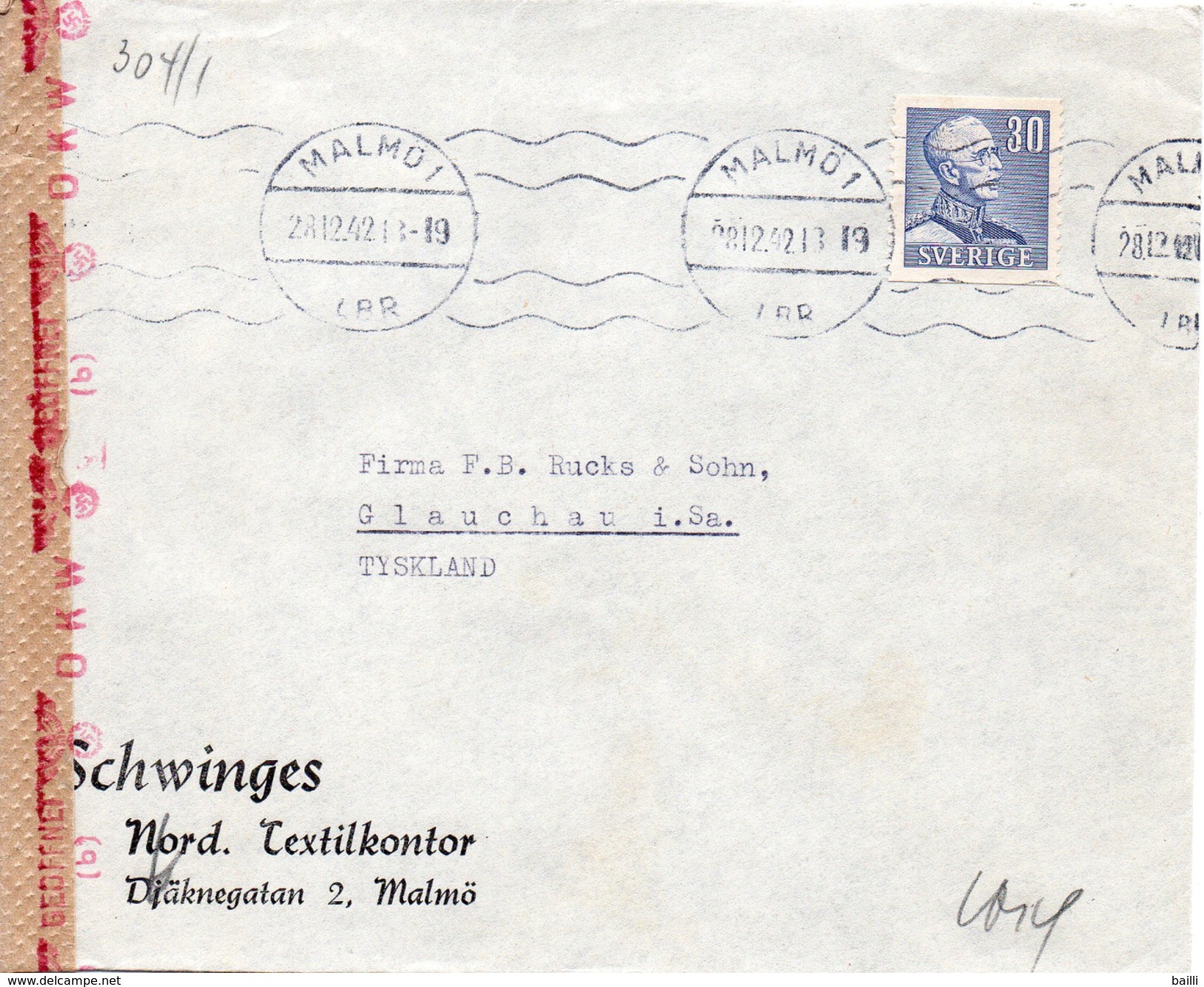 Suède Lettre Censurée Pour L´Allemagne 1942 - 1930- ... Franqueo II