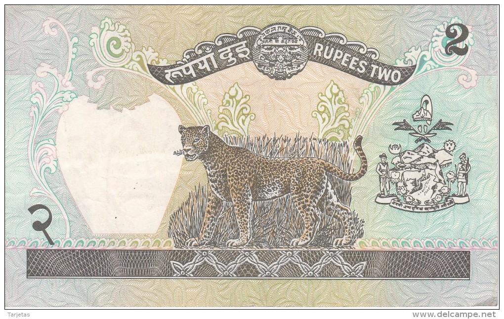 BILLETE DE NEPAL DE 2 RUPEES CALIDAD EBC (XF) (BANKNOTE) LEOPARDO - Nepal