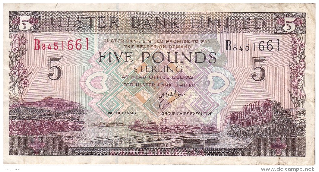 BILLETE DE IRLANDA DE 5 POUNDS DEL AÑO 1998  (BANKNOTE) ULSTER (RARO) - Irlanda