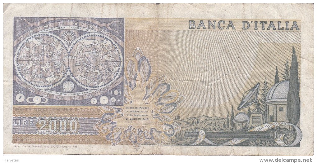 BILLETE DE ITALIA DE 2000 LIRAS DEL AÑO 1983  GALILEO  (BANKNOTE) - 2000 Liras