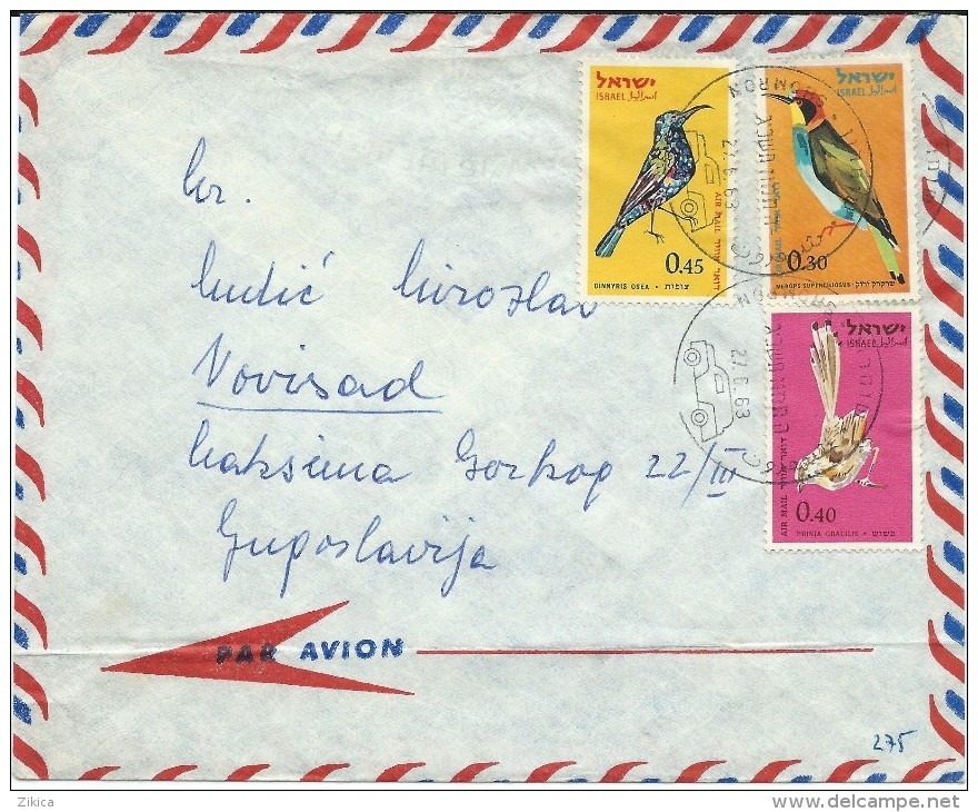 Birds On Stamps.Israel Air Mail Letter Vis Yugoslavia.postmark Motive Automobille - Autres & Non Classés