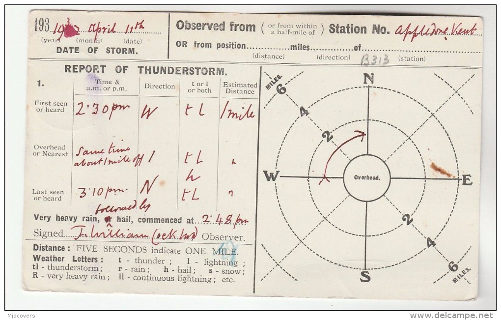 1932 APPLEDORE Ashford COVER Postcard METEOROLOGY Report WEATHER STATION  Re THUNDERSTORM  Gb Gv Stamps - Covers & Documents