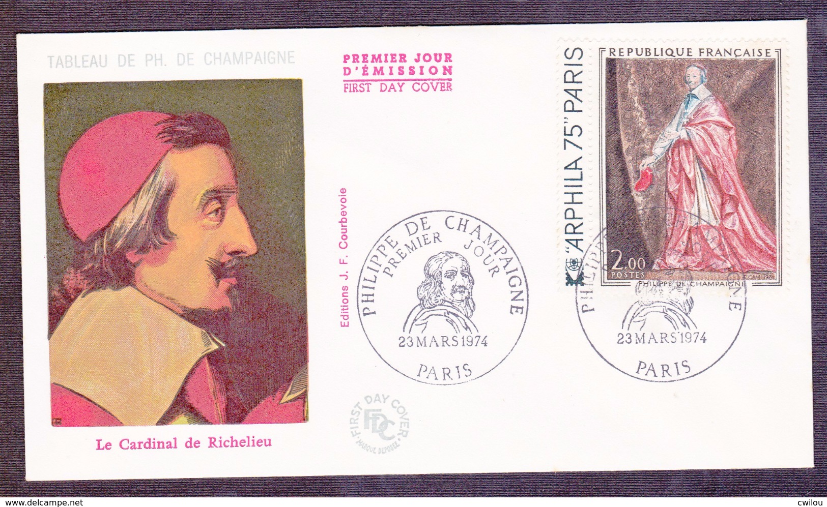 ENVELOPPE PREMIER JOUR - CARDINAL DE RICHELIEU - 23 MARS 1974 - 1970-1979