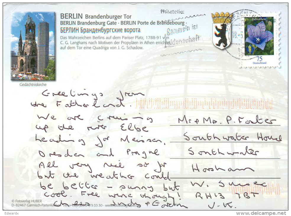 Brandenburg Gate, Berlin, Germany Postcard Posted 2012 Stamp - Brandenburger Door
