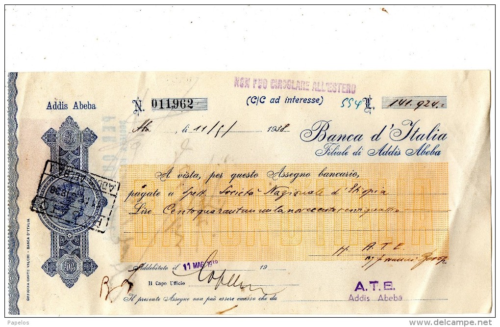 1938 BANCA D'ITALIA FILIALE ADDIS ABEBA - Bills Of Exchange