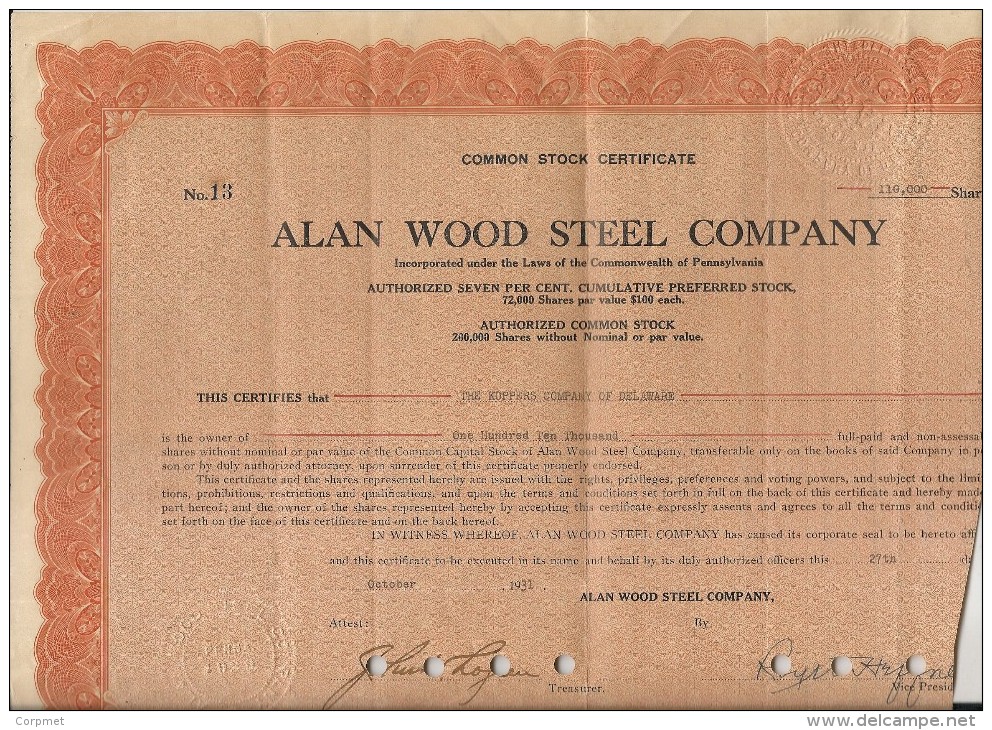 US - REVENUE STAMPS - 1931 ALAN WOOD STEEL COMPANY Common Stock -10 COMMONWEALTH Of PENNSYLVANIA  $20 STOCK TRANSFER TAX - Other & Unclassified