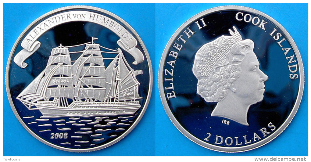 COOK ISLANDS 2 $ 2008 ARGENTO PROOF SILVER ALEXANDER VON HUMBOLDT SHIP RARE VELIERO PESO 7g TITOLO 0,999 CONSERVAZIONE F - Cook