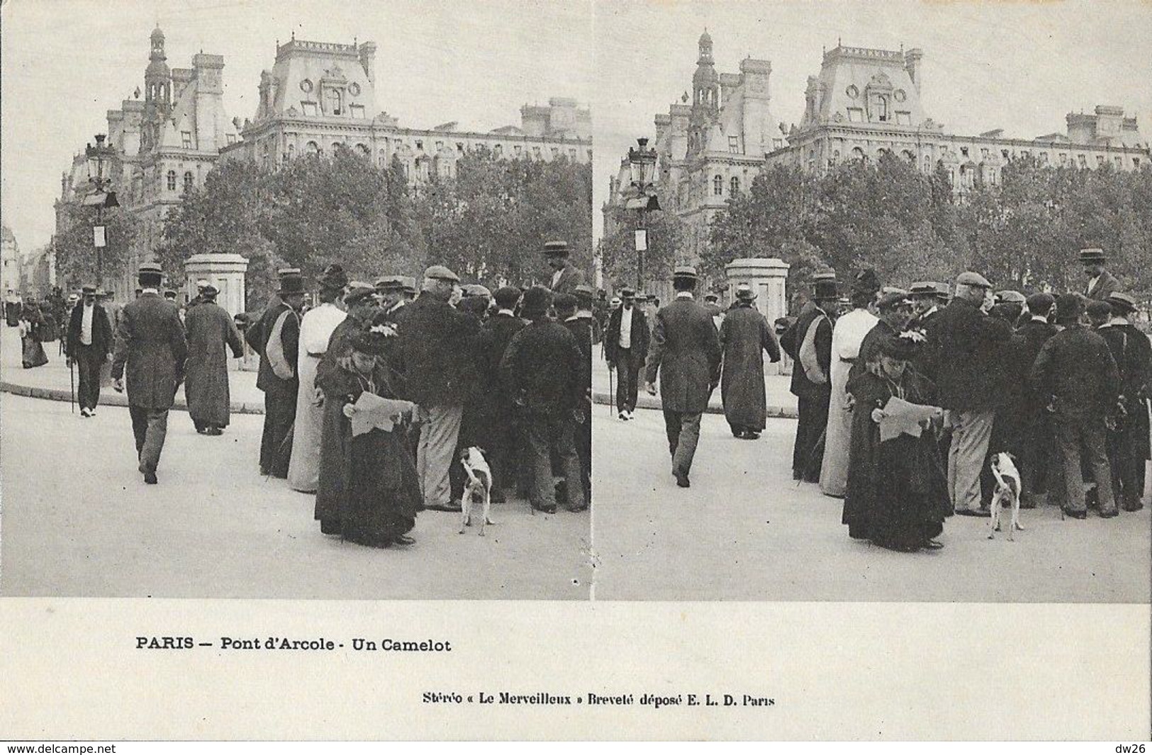 Paris - Pont D'Arcole: Un Camelot - Stéréo Le Merveilleux - Carte Précurseur E.L.D. Non Circulée - Stereoscope Cards