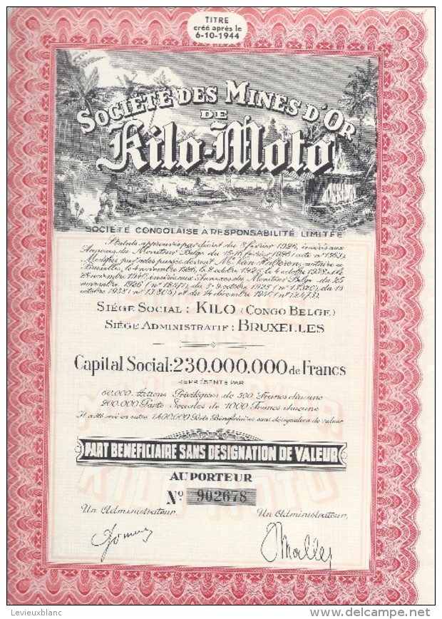 Société Des Mines D'Or De Kilo-Moto/Congo Belge/Kilo/Bruxelles/Part Bénéficiaire Sans Désignation De Valeur/1944  ACT111 - Mines