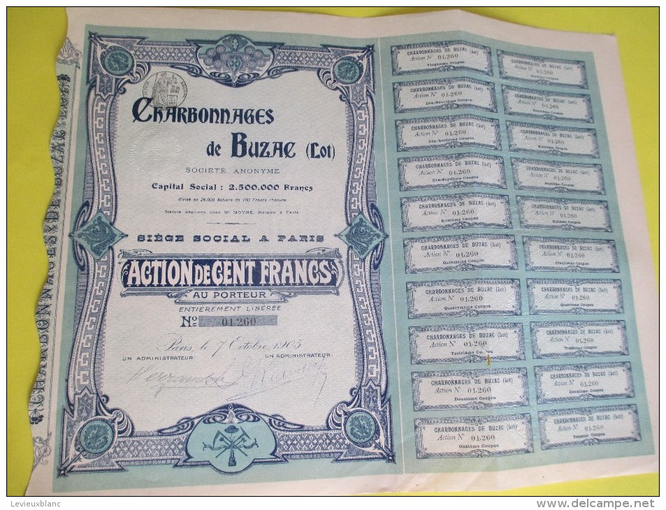 Charbonnages De BUZAC/ Lot/Action De 100 Francs Au Porteur / PARIS/1905       ACT112 - Miniere