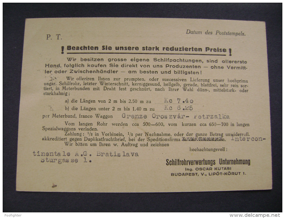 Hungary Nyomtatvany Drucksache 1934 Schilfrohrverwertungs Unternehmung Budapest - Czechoslovakia, 6 Ft. Br. Eotvos - Briefe U. Dokumente