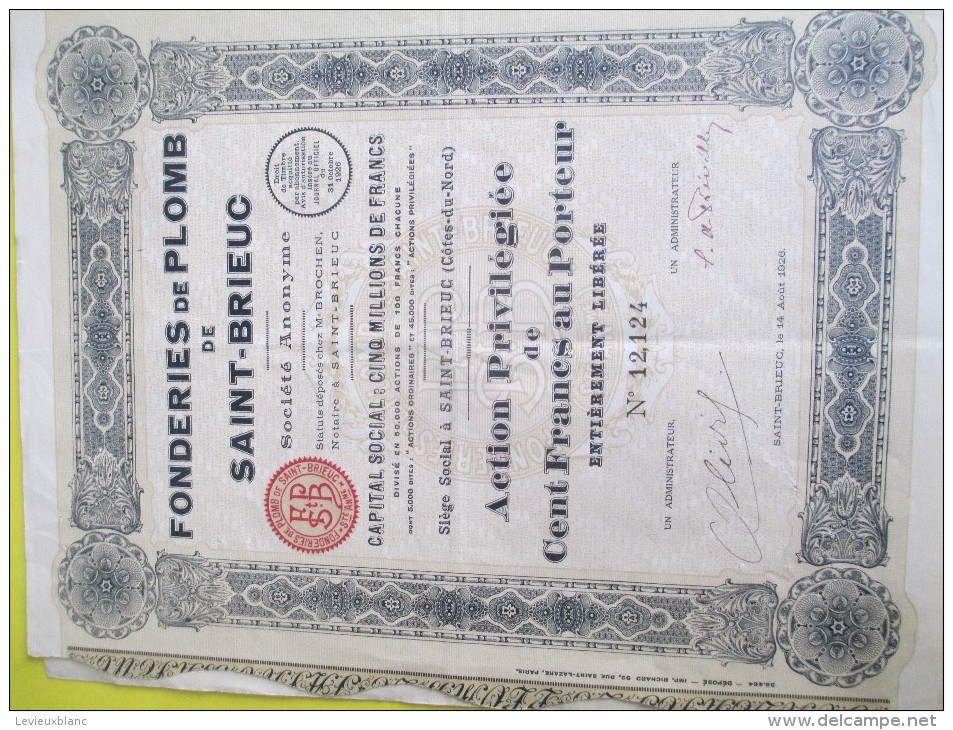 Fonderies De Plomb De SAINT-BRIEUC/ Action Privilégiée De 100 Francs Au Porteur/Côtes Du Nord/1926  ACT115 - Industrie