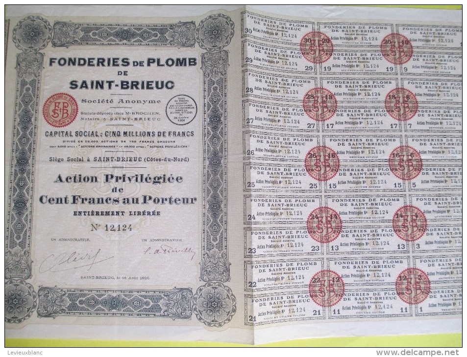 Fonderies De Plomb De SAINT-BRIEUC/ Action Privilégiée De 100 Francs Au Porteur/Côtes Du Nord/1926  ACT115 - Industrie