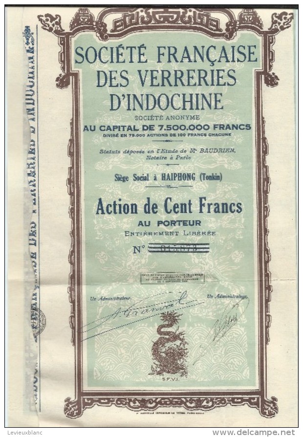 Société Française Des Verreries D'INDOCHINE/Haiphong / TONKIN/Action De 100 Francs Au Porteur/1929  ACT116 - Industrie