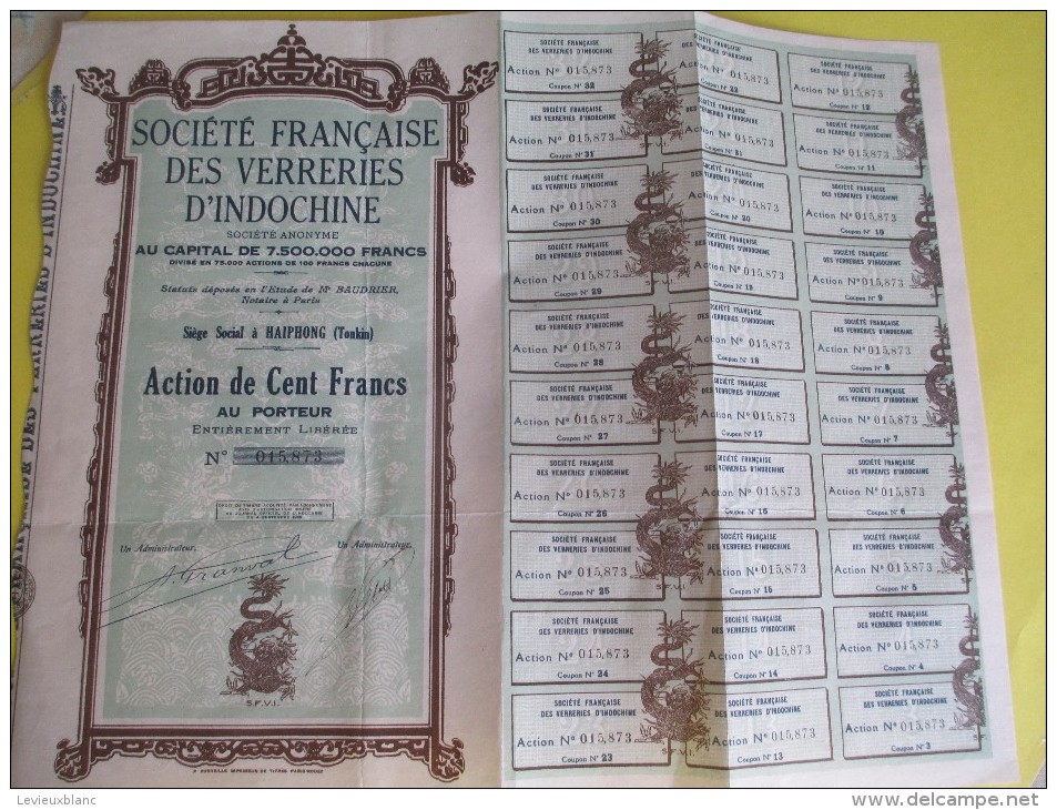 Société Française Des Verreries D'INDOCHINE/Haiphong / TONKIN/Action De 100 Francs Au Porteur/1929  ACT116 - Industrie