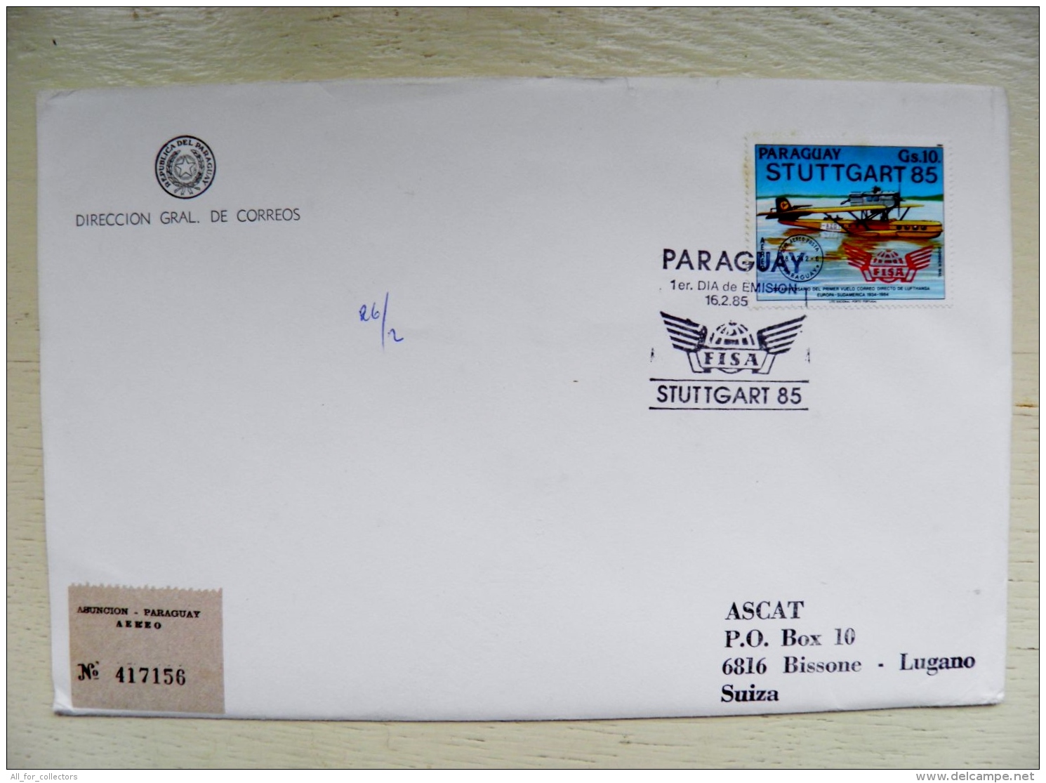 Cover From Paraguay To Suisse Registered 1985 Special Fdc Cancel Plane Airplane Avion OVERPRINT Stuttgart Germany FISA - Paraguay