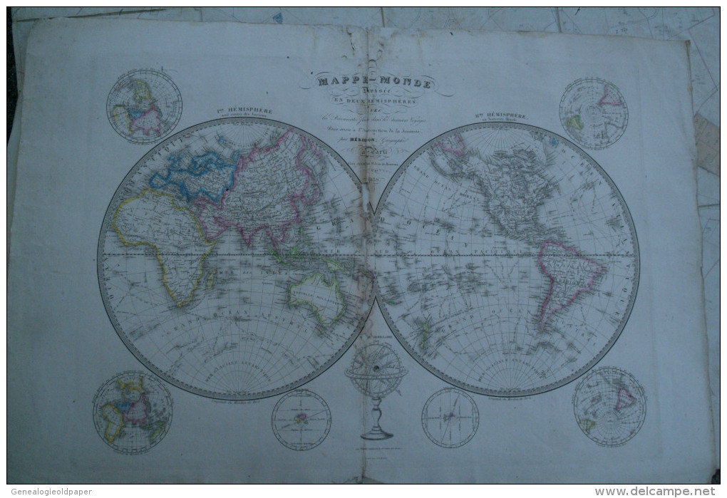 CARTE GEOGRAPHIQUE -MAPPEMONDE DIVISEE EN 2 HEMISPHERES PAR HERISSON -GEOGRAPHE 1839- AVEC DECOUVERTES - Cartes Géographiques